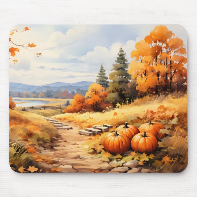 Watercolor Autumn Road Pumpkin Falling Leaves Mouse Pad (Front)