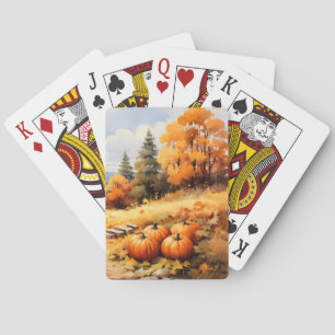 Watercolor Autumn Road Pumpkin Falling Leaves Playing Cards