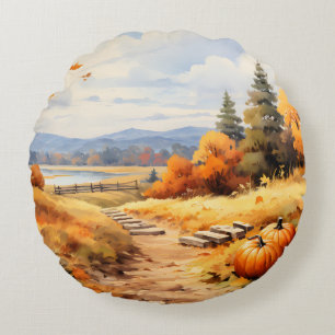 Watercolor Autumn Road Pumpkin Falling Leaves Round Cushion