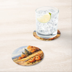 Watercolor Autumn Road Pumpkin Falling Leaves Round Paper Coaster