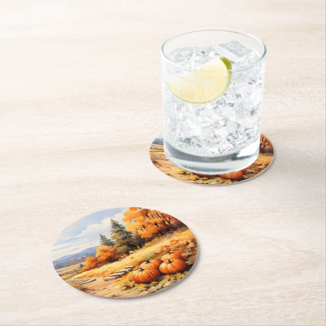 Watercolor Autumn Road Pumpkin Falling Leaves Round Paper Coaster (Insitu)