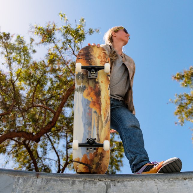 Watercolor Autumn Road Pumpkin Falling Leaves Skateboard (Outdoor 1)