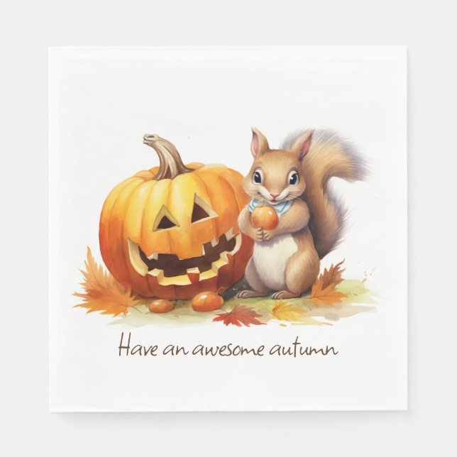 Watercolor Autumn Squirrel With Jack-o-lantern Napkin (Front)