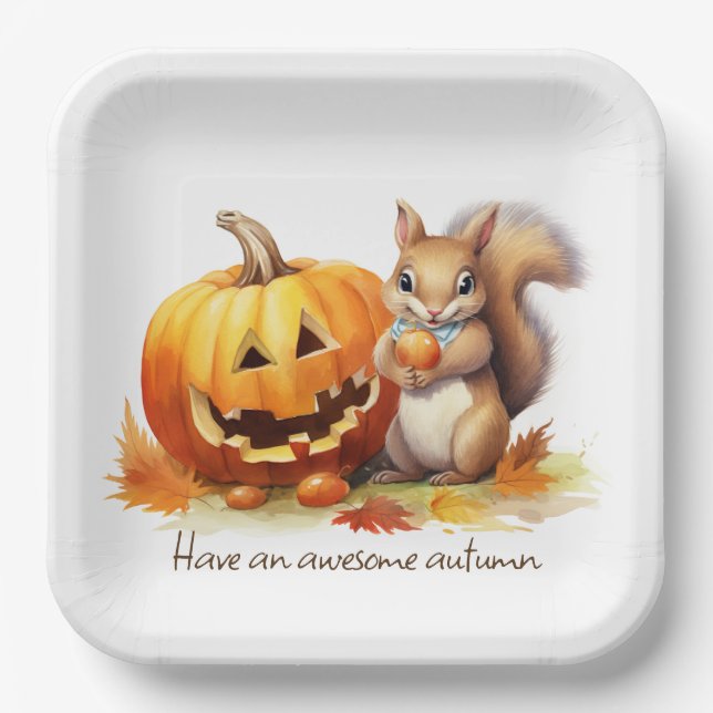 Watercolor Autumn Squirrel With Jack-o-lantern Paper Plate (Front)