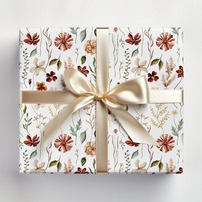 Watercolor Autumn Wildflower Garden Floral Pattern Wrapping Paper (In situ)