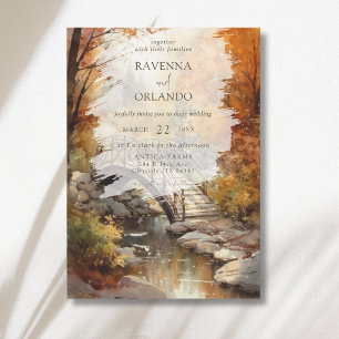 Watercolor Autumn Woodland Bridge Fall Wedding Invitation