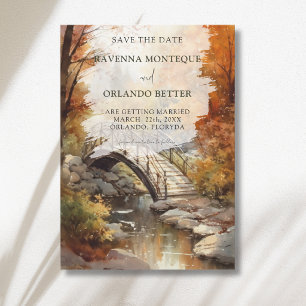 Watercolor Autumn Woodland Bridge Fall Wedding Save The Date
