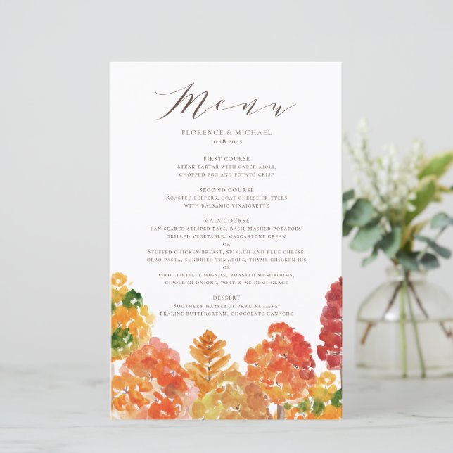 Watercolor Autumn Woodlands Fall Wedding Menu Card (Standing Front)