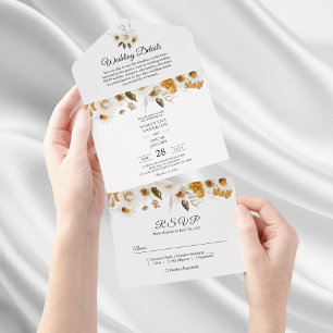 Watercolor Autumn Yellow & White Floral Frame All In One Invitation