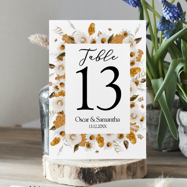 Watercolor Autumn Yellow & White Floral Frame Table Number (Creator Uploaded)