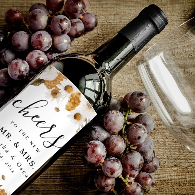 Watercolor Autumn Yellow & White Floral Frame Wine Label (Creator Uploaded)