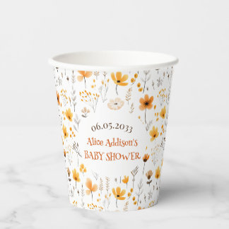 Watercolor Autumn Yellow Wildflowers Baby Shower Paper Cups