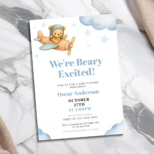 Watercolor Aviator Teddy Bear Baby Shower Invitation