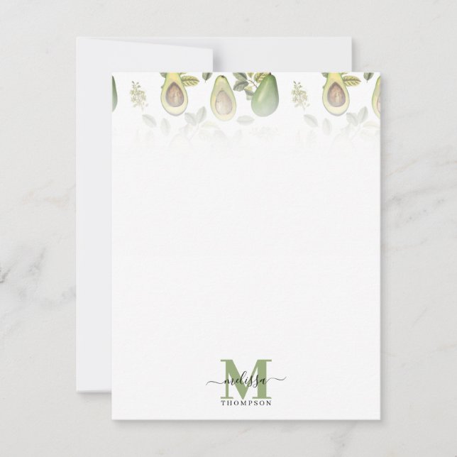Watercolor Avocado Botanical Pattern Monogrammed Card (Front)