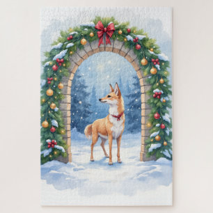 Watercolor Azawakh Snowy Stone Arch Christmas Jigsaw Puzzle
