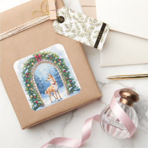 Watercolor Azawakh Snowy Stone Arch Christmas Square Sticker