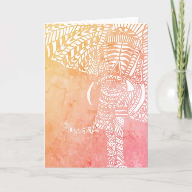 Watercolor Aztec Elephant Outline Pink Orange Card (Front)