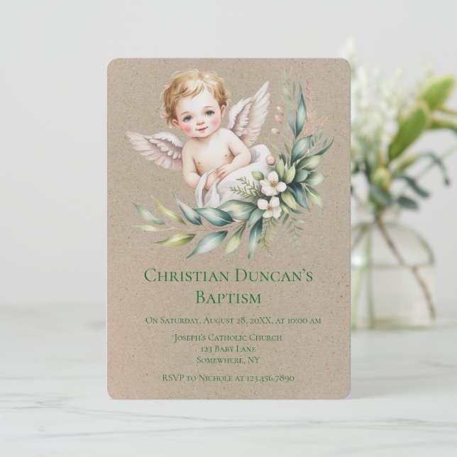 Watercolor Baby Angel Feather Wings Baptism  Invitation (Standing Front)
