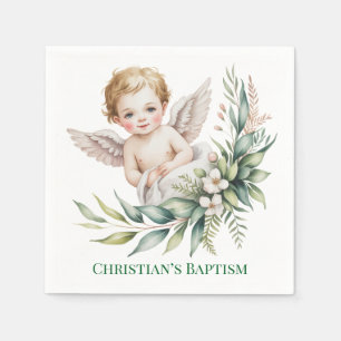 Watercolor Baby Angel Feather Wings Baptism Napkin