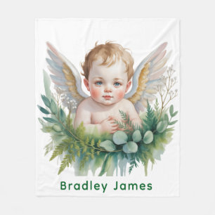 Watercolor Baby Angel with Greenery Baptism Gift Fleece Blanket