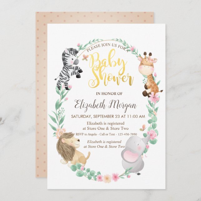 Watercolor Baby Animals  Dotted  Shower Invitation (Front/Back)