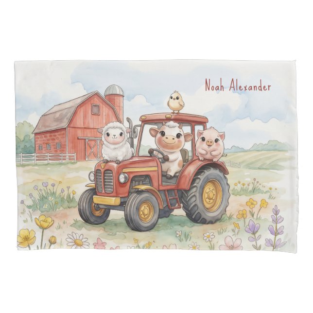 Watercolor Baby Animals Driving Red Tractor Farm Pillowcase (Front)