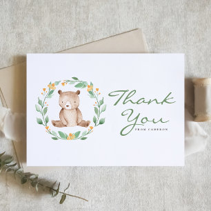 Watercolor Baby Bear Greenery Wreath Baby Shower Thank You Card