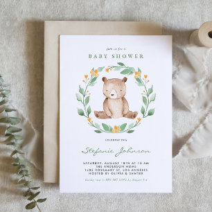 Watercolor Baby Bear Wreath Greenery Baby Shower Invitation