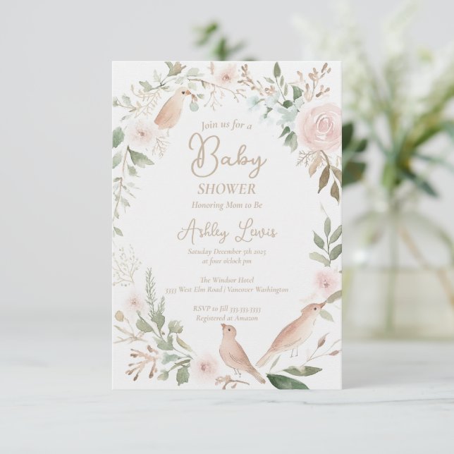 Watercolor baby bird floral leaves baby shower invitation (Standing Front)