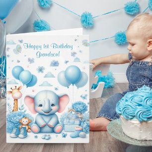 Watercolor Baby Blue Elephant 1st Birthday Card