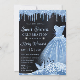 Watercolor Baby Blue Glitter Dress Sweet Sixteen Invitation