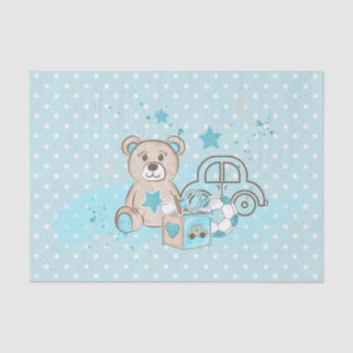 WATERCOLOR BABY BLUE TEDDY BEAR CARS BLOCKS TISSUE PAPER