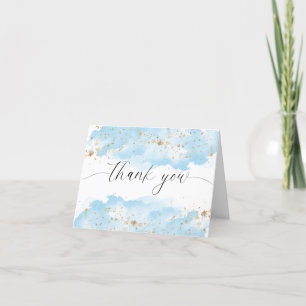 Watercolor baby blue white gold glitter thank you card