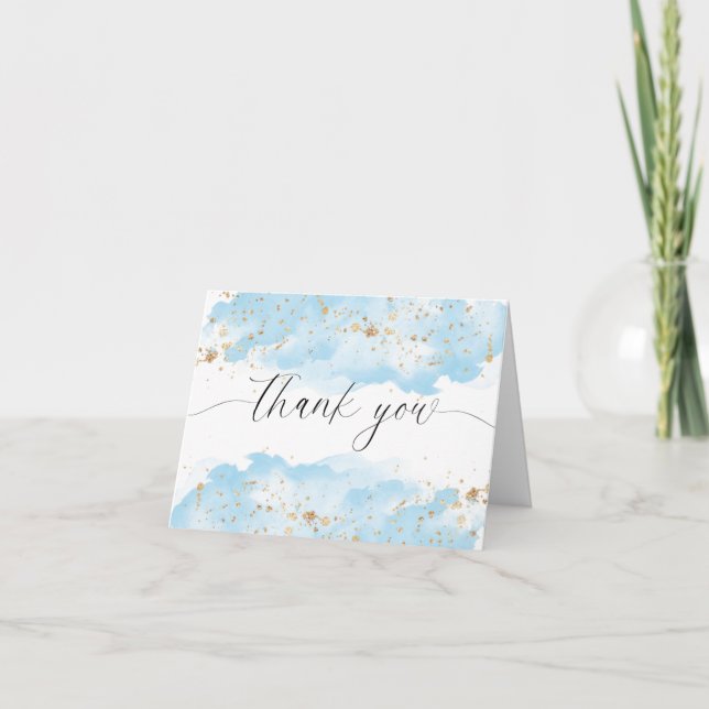 Watercolor baby blue white gold glitter thank you card (Front)