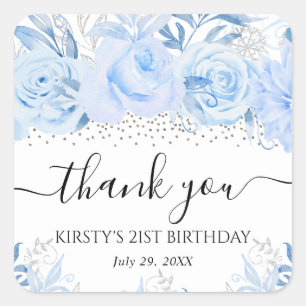 Watercolor Baby Blue Winter Flowers Birthday Party Square Sticker
