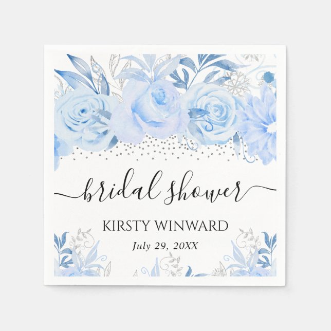 Watercolor Baby Blue Winter Flowers Bridal Shower Napkin (Front)
