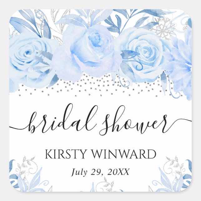 Watercolor Baby Blue Winter Flowers Bridal Shower Square Sticker (Front)