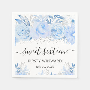 Watercolor Baby Blue Winter Flowers Sweet Sixteen Napkin