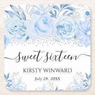Watercolor Baby Blue Winter Flowers Sweet Sixteen Square Paper Coaster