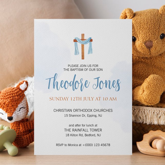 Watercolor  Baby Boy Baptism Invitation Card (Creator Uploaded)