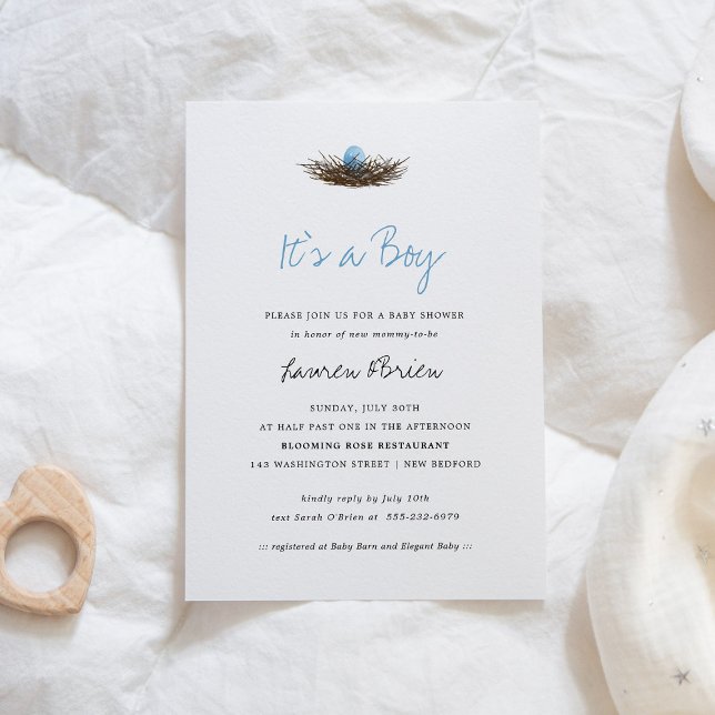 Watercolor Baby Boy Bird's Nest Baby Shower Invitation (Creator Uploaded)