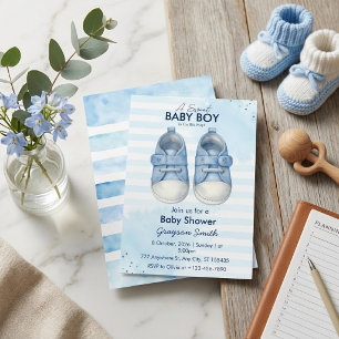 Watercolor Baby Boy Booties Blue Stripes Shower Invitation