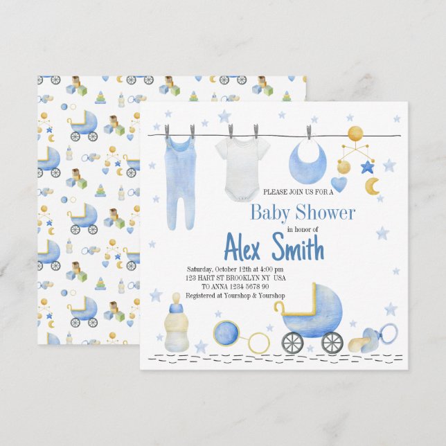 Watercolor baby boy invitation (Front/Back)