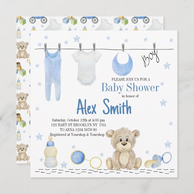 Watercolor baby boy invitation (Front/Back)