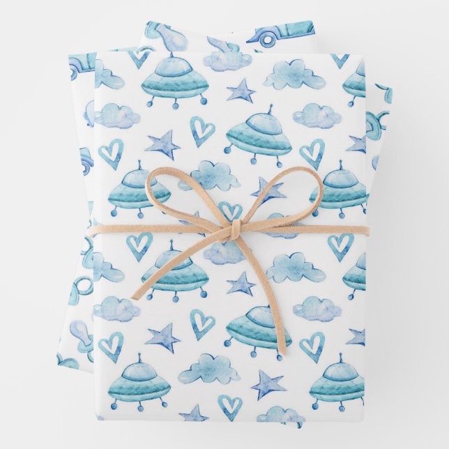 Watercolor Baby Boy Pattern Wrapping Paper Sheet (In situ)