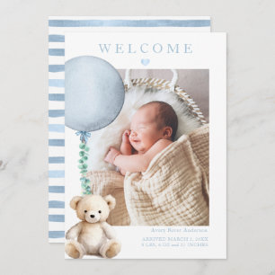 Watercolor Baby Boy Photo Birth Announcement