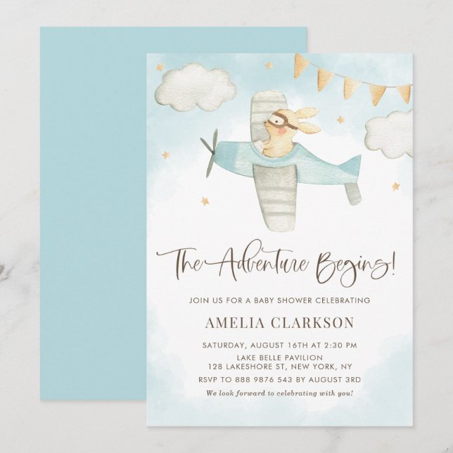 Watercolor Baby Bunny Aeroplane Blue Baby Shower Invitation (Front/Back)