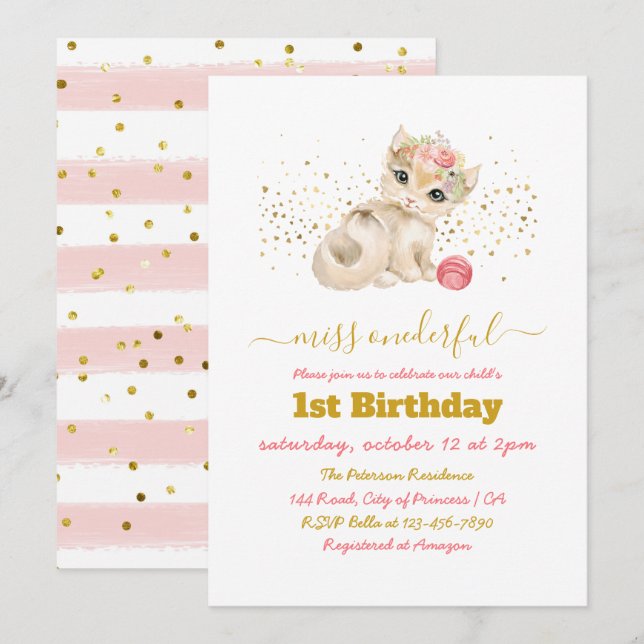 Watercolor Baby Cat and Flowers 1st Birthday Party Invitation (Front/Back)