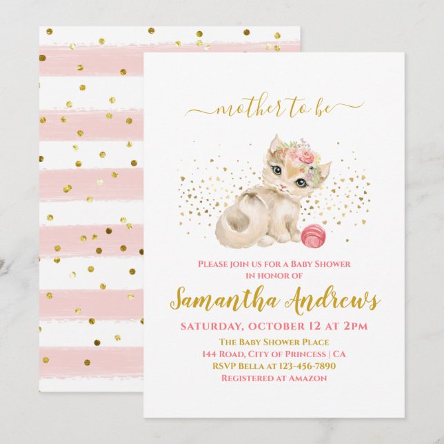 Watercolor Baby Cat and Flowers Baby Shower  Invitation (Front/Back)