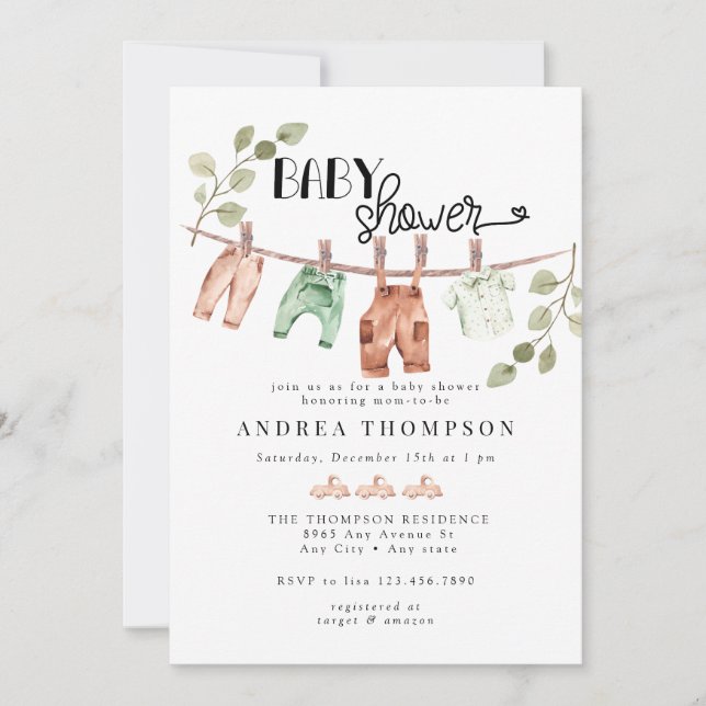 Watercolor Baby Clothes | Boho BoyBaby Shower  Invitation (Front)